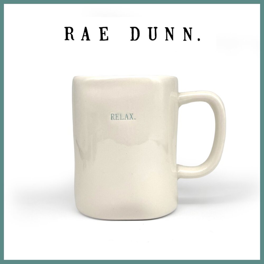 NEW Rae Dunn “Relax”‎ Glossy Ceramic Coffee/ Tea Mug in Cream & Aqua